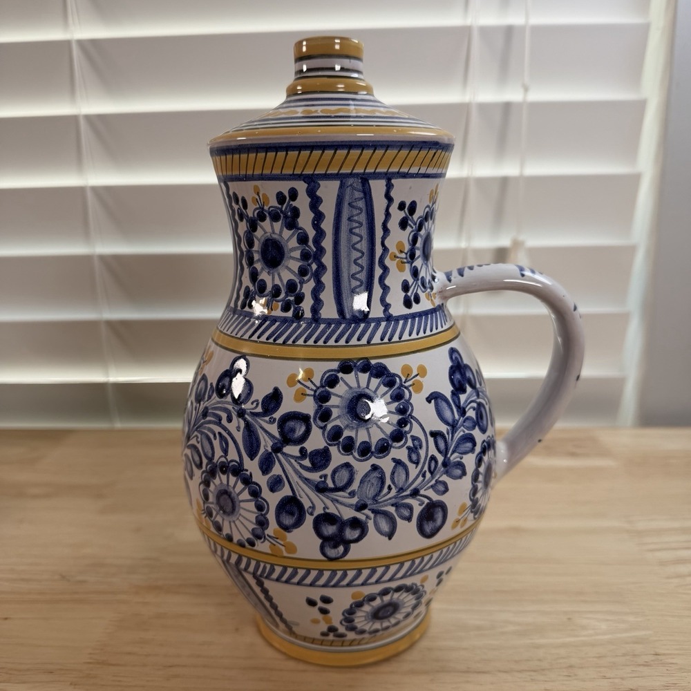 Vintage Czech 10" Modra SlavKeramika blue white ceramic‎ pitcher Hand Painted